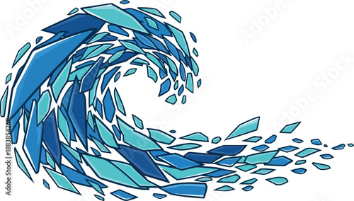 Abstract blue wave pattern formed by numerous geometric fragments symbolizing dynamic motion and fluid energy