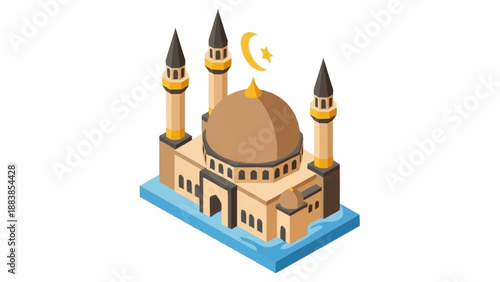 Islamic mosque illustration with minarets and crescent moon symbol.