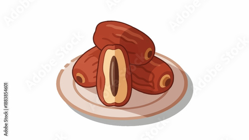Illustration of dates on a plate, one cut open to reveal the pit inside.