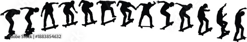 Skateboarder silhouettes sequence performing trick jump motion isolated black human figures skateboarding sport action illustration