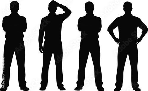 Standing men silhouettes set, confident male poses with crossed arms and hands on hips, strong leadership and teamwork concept isolated on white background illustration