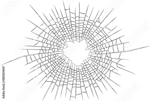 Dynamic illustration of shattered glass with a clear impact point and radial cracks spreading across the surface, isolated on white