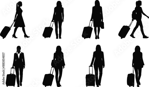 Woman traveler silhouettes pulling luggage, female passenger walking with suitcase, travel tourism journey concept, isolated on white background