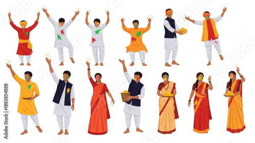Collection of diverse people celebrating Holi festival dressed in traditional Indian attire with colored powder and sweets isolated on white background
