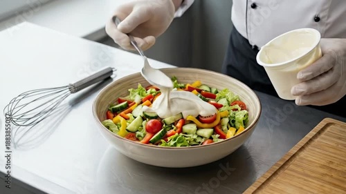 Chef hands in gloves adding white creamy dressing to fresh vegetable salad bowl on stainless steel table in commercial kitchen
