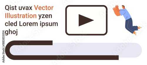 Media interaction, video streaming, user engagement, digital progress, content creation, entertainment concepts. A play button in a border box with a progress bar and a leaping person. Media