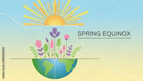 Spring equinox illustration with blooming flowers on Earth symbolizing new beginnings and seasonal change vector graphic for nature and science concepts