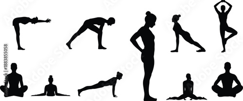 Yoga poses silhouettes set, women practicing yoga exercises, meditation and stretching positions, fitness wellness concept, black isolated vector illustration