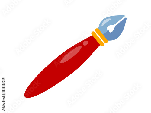 red fountain pen metal nib isolated, glossy lacquer handle with gold collar and blue steel tip, flat vector