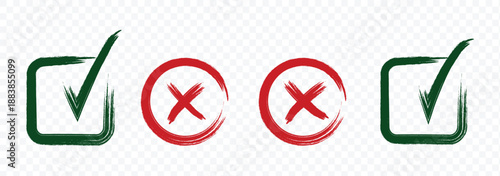 Check mark icons set. Green brush stroke check mark, tick symbols, checklist signs. Grunge brush stroke signs. Grunge checkmark design. Dirty grunge stroke checkmark sign vector illustration 