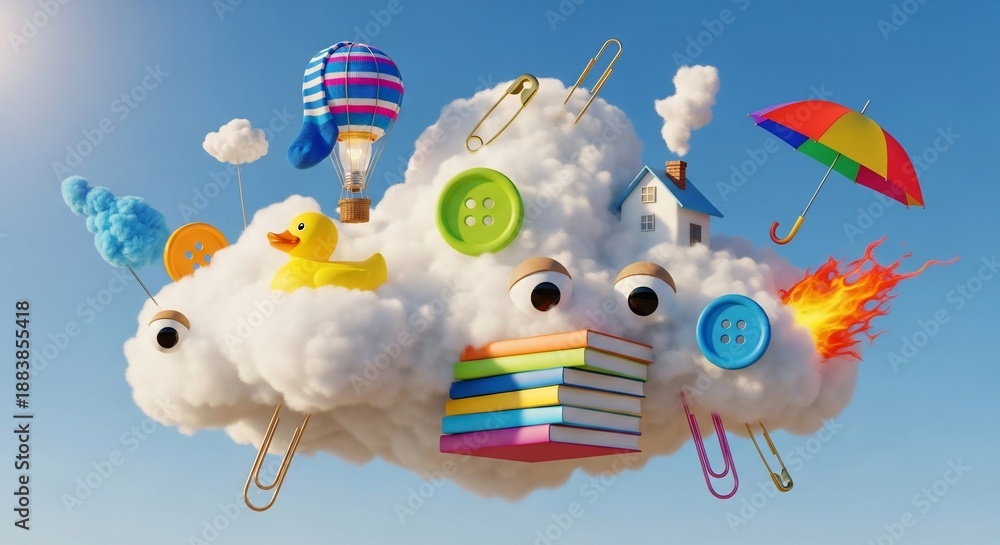 Fototapeta premium Whimsical cloud formation with assorted objects floating amidst a serene blue sky, viewed from a slightly elevated perspective.