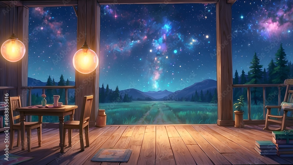 Naklejka premium ゲーム背景 冒険者の宿屋のホールから見える地平線の風景