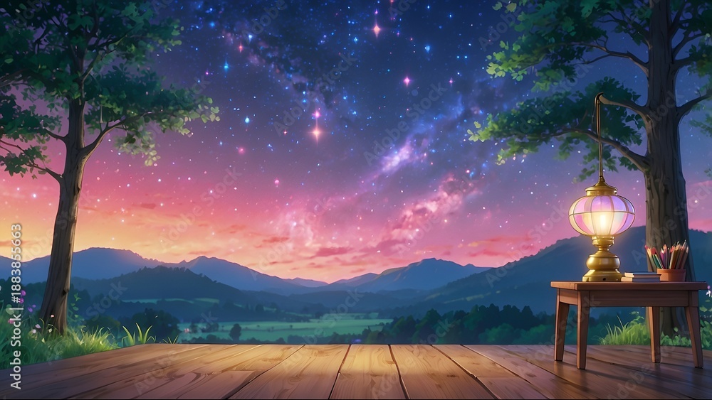 Naklejka premium ゲーム背景 美しい夕暮れと夜空が見えるテラス席とランプがある風景