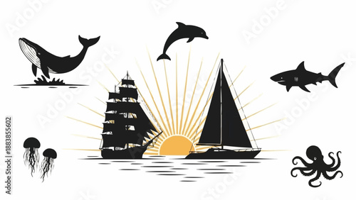 Nautical Silhouettes Featuring Marine Life and Sailing Vessels.