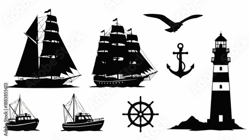 Nautical Silhouettes Collection Featuring Ships Lighthouse Anchor and Seagull.