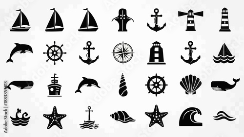 Nautical Icons Collection Featuring Ships Anchors Lighthouses and Marine Life.