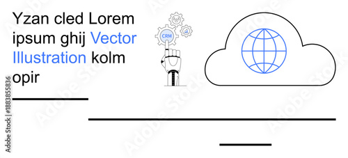 Technology, business workflows, cloud computing, automation, CRM systems, AI integration. Robot hand points at gear icons with CRM text. Technology and business workflows concept