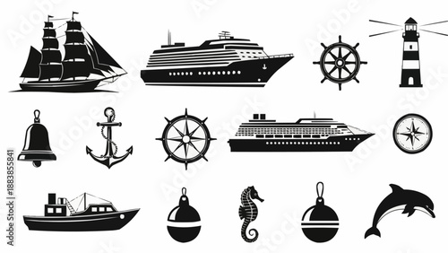 Nautical Icons Collection Featuring Ships and Marine Life.