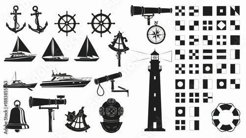 Nautical Icons Collection Featuring Ships and Maritime Equipment.