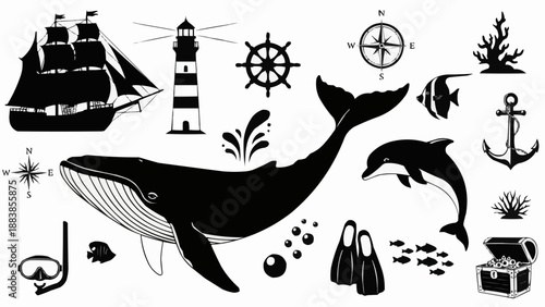 Nautical Icons Collection Featuring Whales Dolphins Ships and Marine Life.