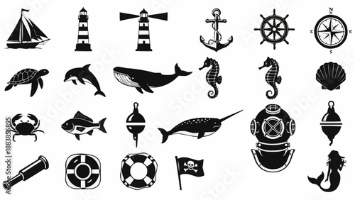 Nautical Icons Collection Sea Life and Maritime Symbols.