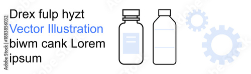 Pharmaceutical industry, product design, healthcare innovation, development process, manufacturing, medical science. Two bottles and cogwheel graphics. Pharmaceutical industry and product design