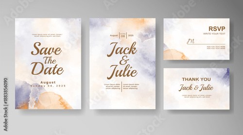 Set of Wedding invitation with abstract splash watercolor