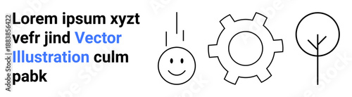 Smiling face with lines, gear symbol, and stylized tree placed near placeholder text. Ideal for technology, nature, creativity, positivity, simplicity, modern design and a simple landing page