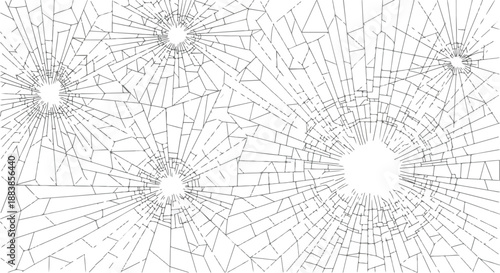 Abstract illustration of multiple spiderweb-like shattered glass patterns, depicting severe impact and destruction with intricate crack networks