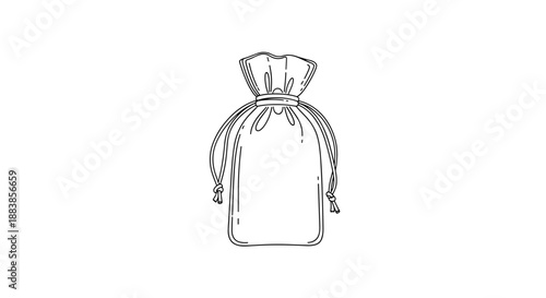 Simple line drawing of a scent pouch with drawstrings, isolated on a white background, showcasing minimalist design and elegance