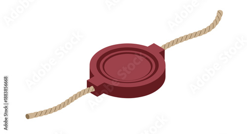 Isolated decorative seal with cord on white background, featuring a round burgundy wax design and textured rope ends