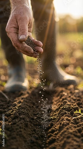 Close Up of Farmer Sowing Seeds in Soil with Sunlit Green Field Background