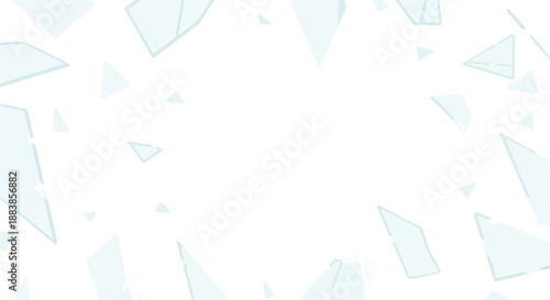 Abstract background with scattered light blue glass shards creating a modern border on a pristine white canvas