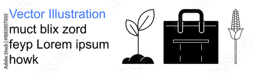 Sustainability, agriculture, business, corporate growth, eco-friendly practices, food production. A plant sprout, briefcase and corn icon in minimal design. Sustainability and agriculture visuals