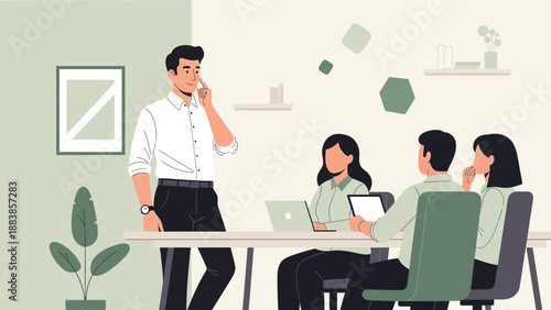 Business Meeting: Team Collaboration and Discussion in Modern Office