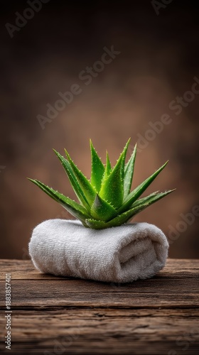Small aloe vera plant on towel a small aloe vera plant rests on a soft towel showcasing its natural beauty and texture