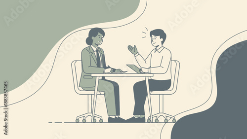 Business meeting: two colleagues discussing ideas at a table, modern illustration
