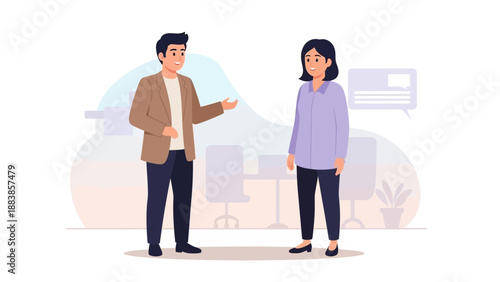 Business Meeting: Two colleagues discussing ideas in a modern office setting.