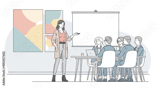 Business meeting with presenter and team in modern office, presentation