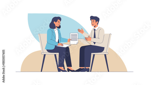 Business meeting with professionals discussing documents, modern office setting.