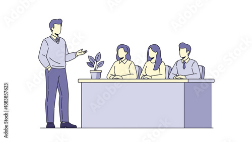 Business meeting with speaker addressing audience at table, illustration