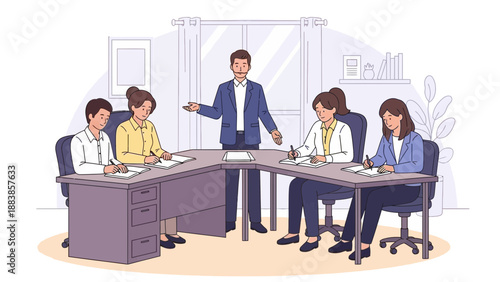 Business meeting with team collaborating around a table, leader presenting ideas