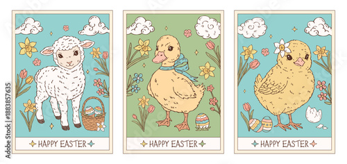 Hand-drawn vector Easter cards with lamb, duckling, chick, colorful eggs, and spring flowers in soft pastel tones. Vintage-style illustrations for cards, invitations, and kids’ projects