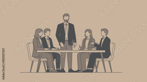 Business meeting with team discussing ideas around a table, leader standing