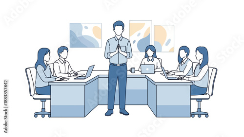 Business meeting with team collaborating around a table, presenter leading discussion