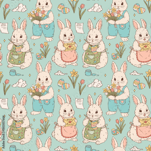 Hand-drawn seamless Easter vector pattern with Easter bunnies, eggs, flowers, clouds and stars in pastel colors. Perfect for gift wrap, textiles, stationery, surface design and holiday projects