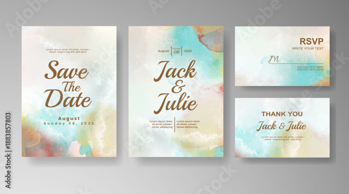 Set of Wedding invitation with abstract splash watercolor