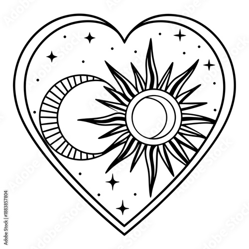 Sun and Moon Heart Abstract Celestial Minimalist Line Art Vector