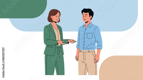 Business Meeting: Woman in Green Suit Talks to Man in Blue Shirt