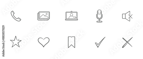 variable stroke outline ui icons set for call gallery video microphone heart star check